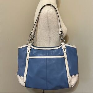 COACH Alexandra Leather Chain Medium Tote Shoulder Bag in Chambray Blue & Cream